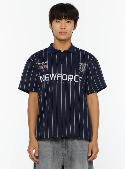 Men's Active Striped Polo Shirt IL509 dark blue close-up front model shot showing NEWFORCE lettering white pinstripe texture CYS-90 badge and polo collar detail