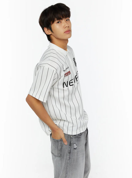 Men's Active Striped Polo Shirt IL509 white side model shot upper-body angled view showing pinstripe texture NEWFORCE graphic print and polo collar