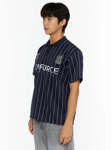 Men's Active Striped Polo Shirt IL509 dark blue side model shot cropped view showing NEWFORCE graphic white pinstripes polo collar and CYS-90 emblem badge detail