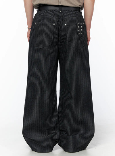 Men's Alexis Striped Wide Leg Jeans IU523 Black back view on model wearing leather belt with silver stud pocket detail and pinstripe denim