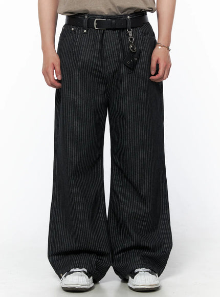 Men's Alexis Striped Wide Leg Jeans IU523 Black front view cropped shot on model with leather belt and keychain charm accessory wide leg pinstripe
