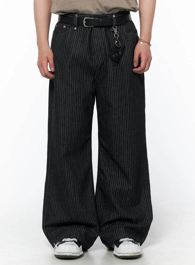 Men's Alexis Striped Wide Leg Jeans IU523 Black front view cropped shot on model with leather belt and keychain charm accessory wide leg pinstripe