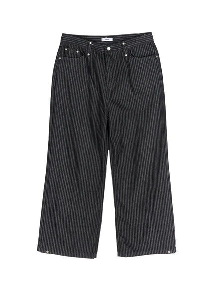 Men's Alexis Striped Wide Leg Jeans IU523 Black flat-lay front view showing wide leg pinstripe denim with silver rivet details waistband label and snap hem