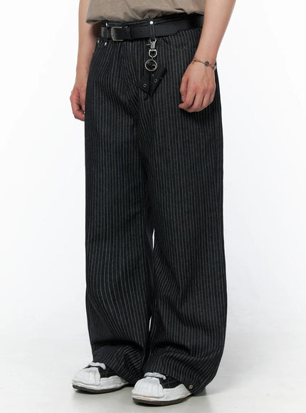 Men's Alexis Striped Wide Leg Jeans IU523 Black front close-up waist shot on model showing belt keychain hardware and pinstripe wide leg denim detail