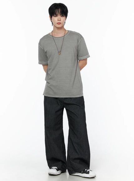 Men's Alexis Striped Wide Leg Jeans IU523 Black full-length front view on male model styled with gray washed tee and cross necklace wide leg silhouette