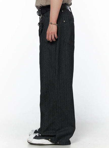 Men's Alexis Striped Wide Leg Jeans IU523 Black pure side view on model showing straight wide leg silhouette length and pinstripe texture with white sneakers