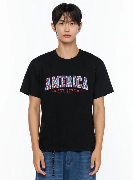 Men's America Print T-Shirt IL515 in Black, size M/L