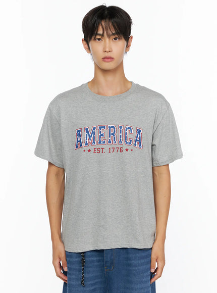 Men's America Print T-Shirt IL515 in Gray, size M/L