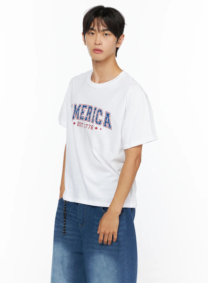 Men's America Print T-Shirt IL515 in White, size M/L