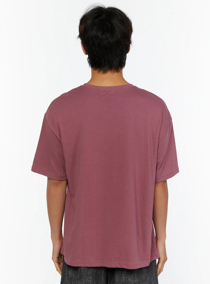 Men's Archive Graphic T-Shirt IL515 mauve back view on model showing plain clean reverse cotton fabric with dropped shoulder seam detail