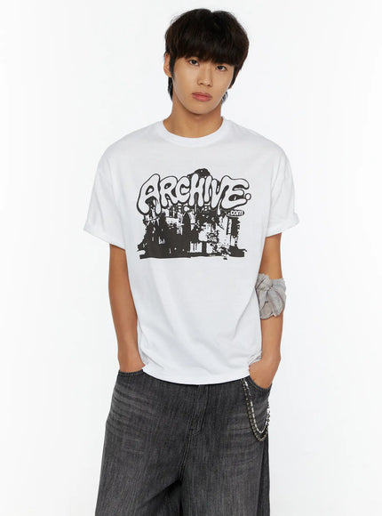 LEWKIN Men's Archive Graphic T-Shirt IL515 White front view on model wearing hands-in-pockets pose styled with dark wide-leg denim and chain accessory