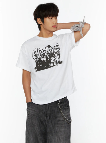 Men's Archive Graphic T-Shirt IL515 White three-quarter view on model arm raised behind neck showing graffiti ARCHIVE.com chest graphic print