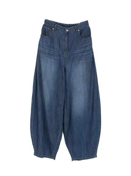 Men's Balloon Fit Linen Jeans (Blue) IL514 Blue flat-lay front view showing balloon silhouette, elastic waistband, button fly, and faded medium-wash denim