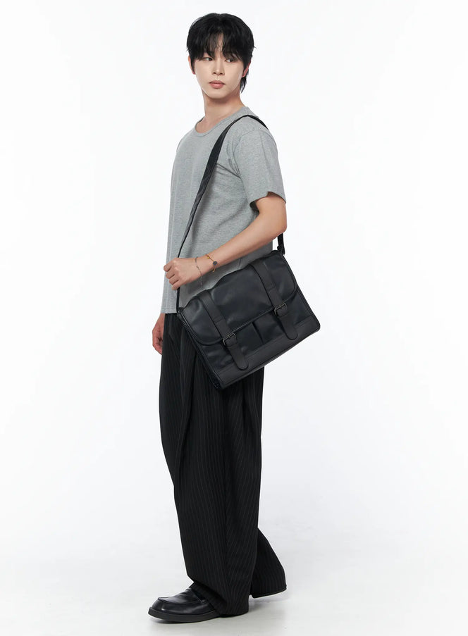 Men's Basic U-Neck T-Shirt IU523 Gray side shot on male model carrying black leather messenger bag over shoulder with pinstripe trousers