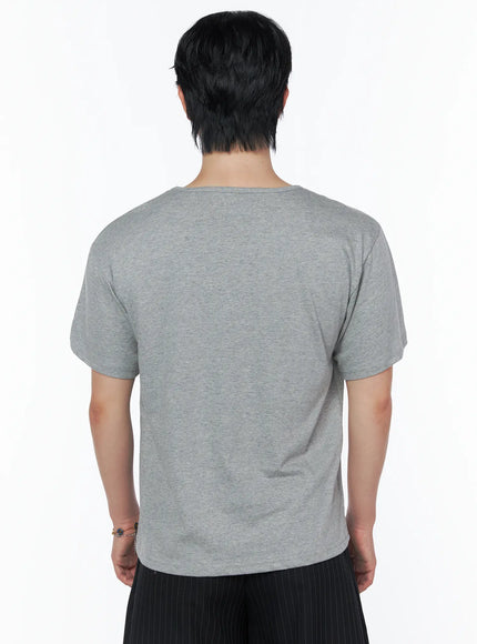 Men's Basic U-Neck T-Shirt IU523 Gray back shot on male model showing clean back panel dropped shoulders and melange cotton fabric