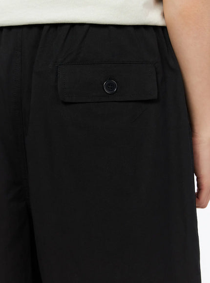 Men's Bermuda Shorts (Black) IL514 black detail close-up of rear flap pocket with button closure on smooth cotton fabric