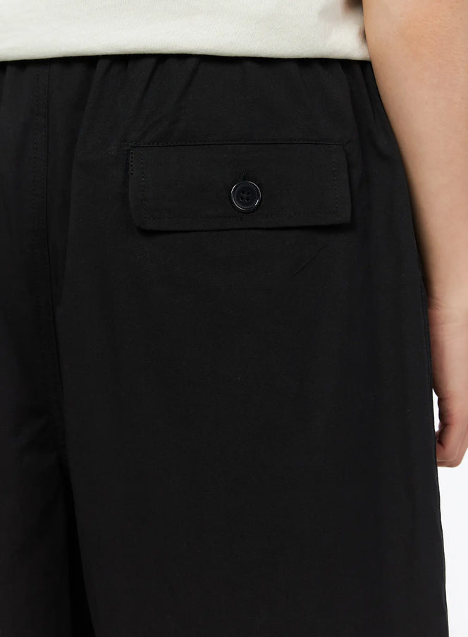 Men's Bermuda Shorts (Black) IL514 black detail close-up of rear flap pocket with button closure on smooth cotton fabric