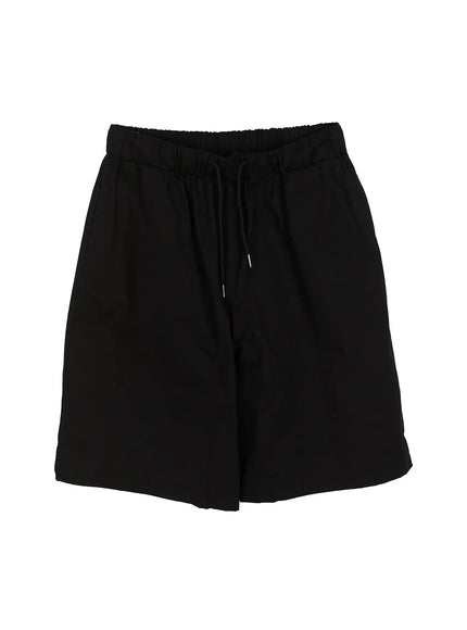 Men's Bermuda Shorts (Black) IL514 black flat-lay front view showing elastic drawstring waistband wide-leg cut and clean smooth fabric texture
