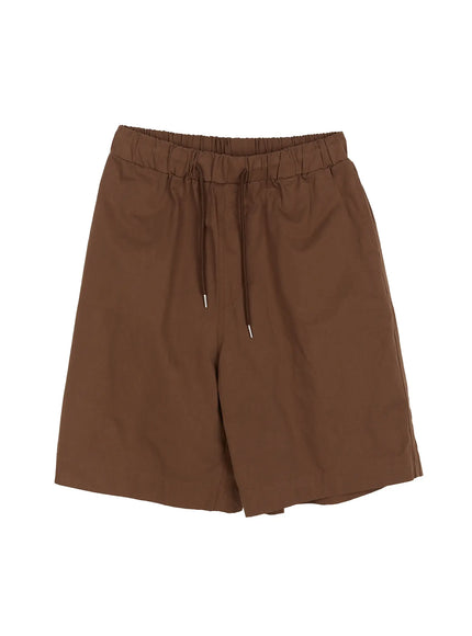 Men's Bermuda Shorts (Dark Brown) IL514 dark brown flat-lay front showing elastic drawstring waistband wide leg and smooth woven fabric texture