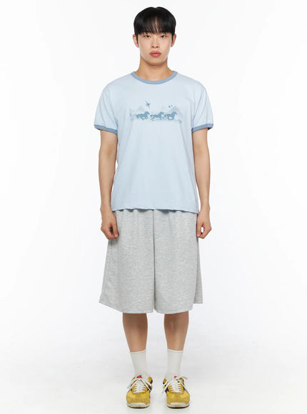 Men's Bermuda Sweat Shorts (Gray) IL514 Gray front full-body shot on male model paired with light blue ringer tee, standing pose with arms at sides