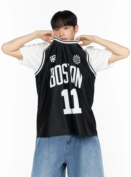 LEWKIN Men's Boston Sleeveless Jersey IL510 Black back view on male model hands pulling collar layered over white tee with denim shorts