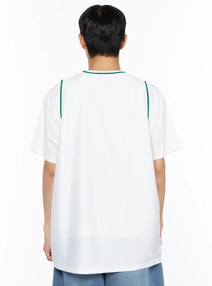 Men's Boston Sleeveless Jersey IL510 White back view on male model showing plain white back with green side seam piping and round neckline trim