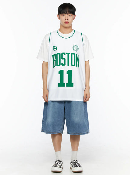 Men's Boston Sleeveless Jersey IL510 White front full-body shot on male model standing straight styled with denim shorts and checkered slip-on shoes
