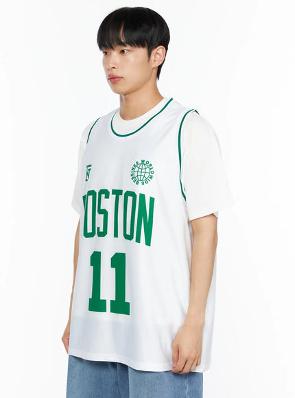 Men's Boston Sleeveless Jersey IL510 White side view on male model showing BOSTON 11 green print globe logo and green piping detail on jersey