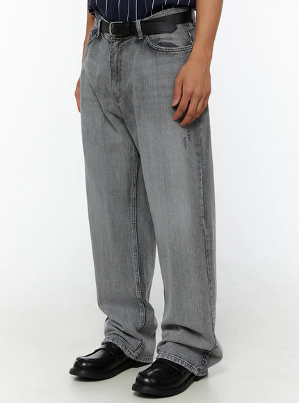 Men's Bryce Distressed Wide-Leg Jeans IL509 Light gray side-angle close-up on model showing wide leg, distressed detail, and back pocket