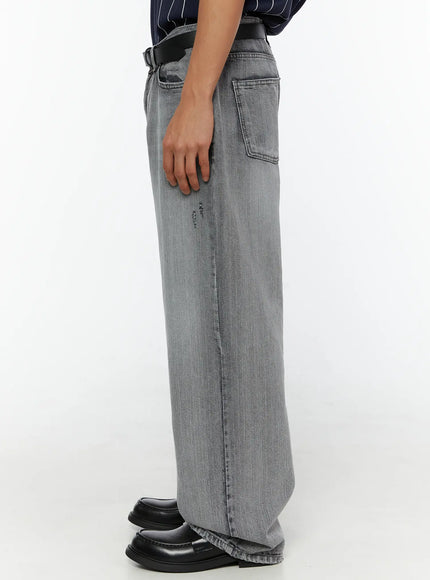 Men's Bryce Distressed Wide-Leg Jeans IL509 Light gray side full-length shot on model showing back pocket detail, distressed thigh, and wide-leg hem