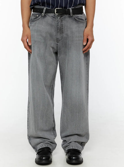 LEWKIN Men's Bryce Distressed Wide-Leg Jeans IL509 Light gray front close-up on model showing wide-leg silhouette, belt loops, and washed denim texture