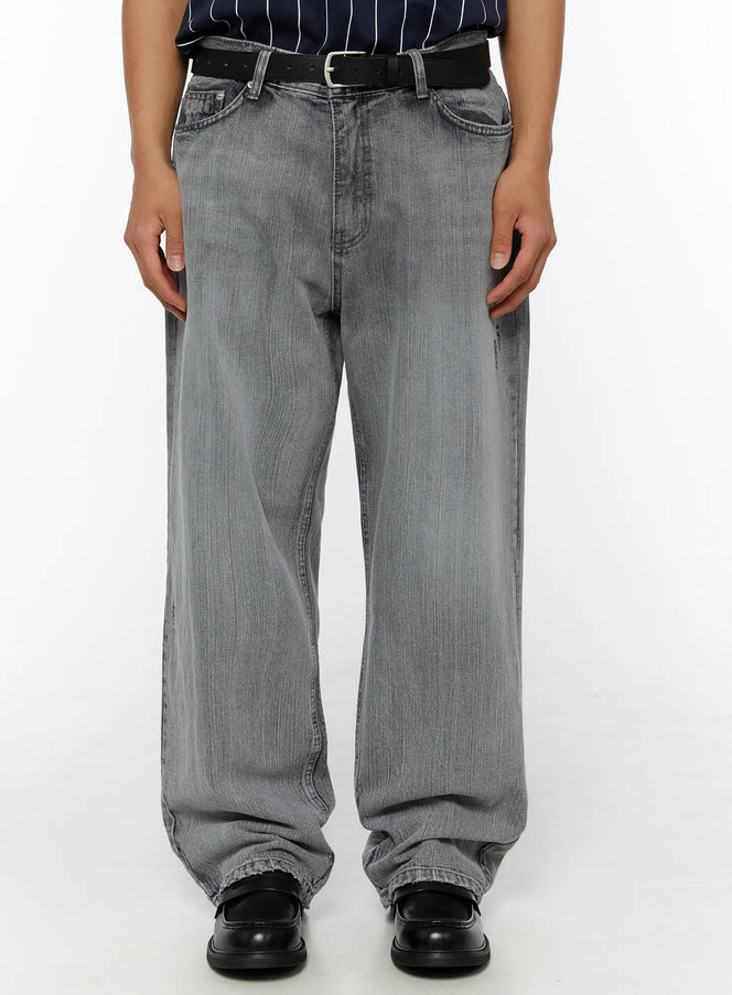 LEWKIN Men's Bryce Distressed Wide-Leg Jeans IL509 Light gray front close-up on model showing wide-leg silhouette, belt loops, and washed denim texture
