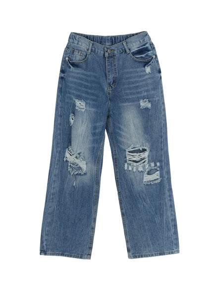 Men's Bryce Ripped Straight-Fit Jeans IL520 Blue flat-lay front view showing full silhouette wide leg five-pocket construction multiple ripped distressed details