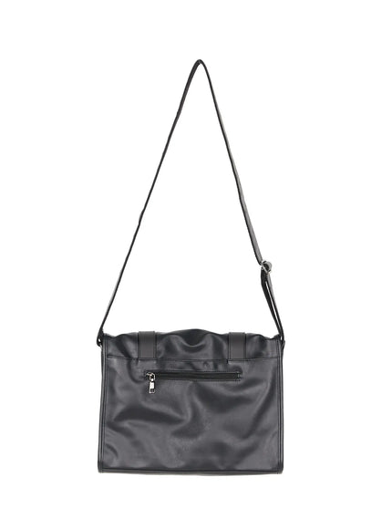 Men's Buckle Crossbody Bag IU523 Black back flat shot standalone showing rear zip pocket and smooth PU leather with adjustable crossbody strap