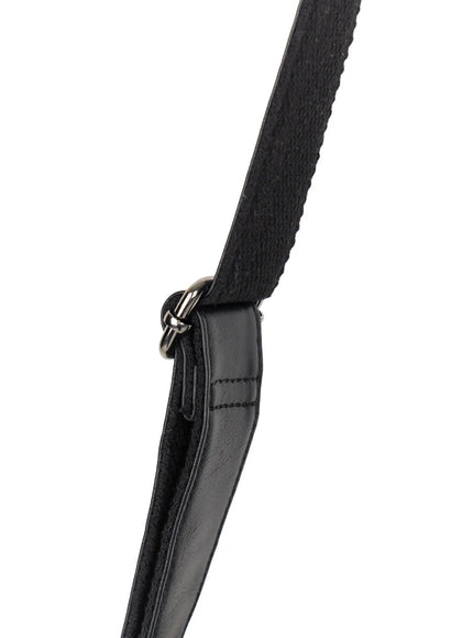 Men's Buckle Crossbody Bag IU523 Black close-up detail shot of adjustable shoulder strap showing silver D-ring connector and textured fabric strap