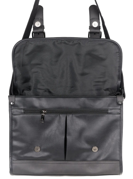 Men's Buckle Crossbody Bag IU523 Black interior detail shot showing open flap with black fabric lining zip pocket and magnetic snap closures