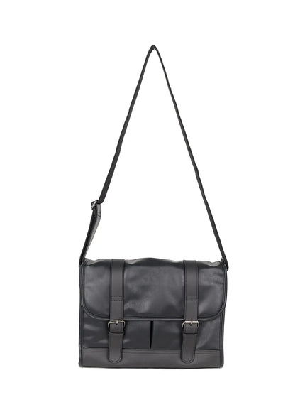 Men's Buckle Crossbody Bag IU523 Black front flat shot standalone on white background showing dual buckle straps and crossbody strap
