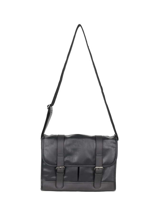 Men's Buckle Crossbody Bag IU523 Black front flat shot standalone on white background showing dual buckle straps and crossbody strap