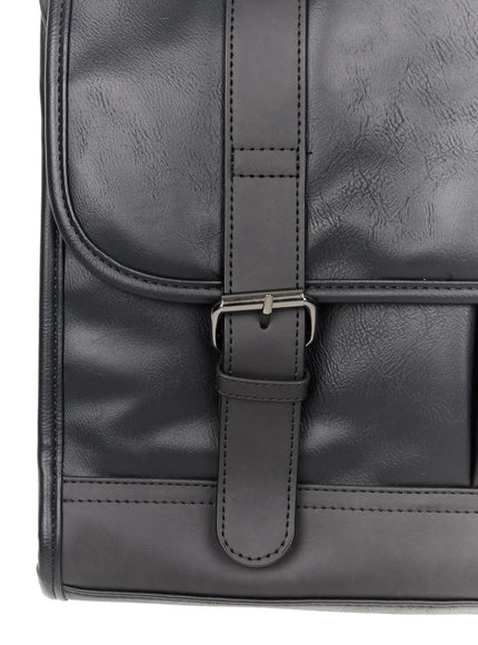 Men's Buckle Crossbody Bag IU523 Black close-up detail shot of front buckle strap showing gunmetal hardware and stitched PU leather texture