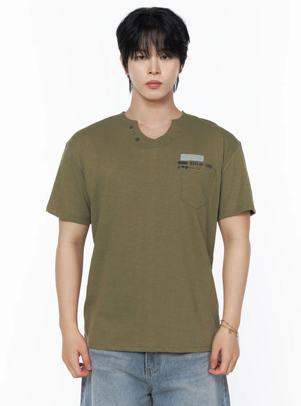Men's Button Detail Logo T-Shirt IL502 in Dark green, size M/L