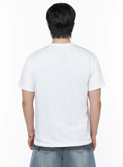 Men's Button Detail Logo T-Shirt IL502 White back view on model showing plain clean back, slub cotton texture, short sleeves, styled with wide-leg jeans