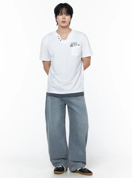 Men's Button Detail Logo T-Shirt IL502 in White, size M/L