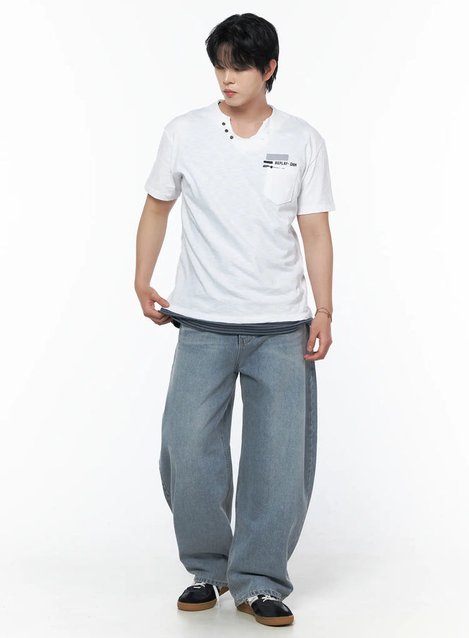 Men's Button Detail Logo T-Shirt IL502 White full-body front view on model styled with wide-leg jeans and sneakers, REPLAY-DNM chest graphic print