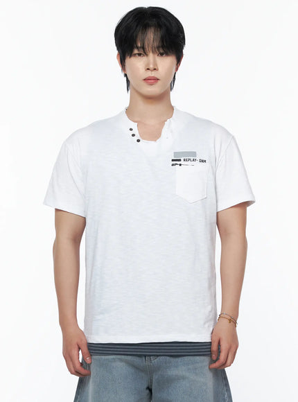 Men's Button Detail Logo T-Shirt IL502 White cropped front view on model showing split V-neck with three snap buttons and REPLAY-DNM graphic print above chest pocket