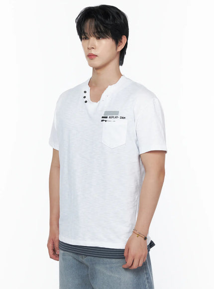 Men's Button Detail Logo T-Shirt IL502 White side angle view on model showing split V-neck with three buttons, chest pocket and REPLAY-DNM graphic print, slub cotton texture