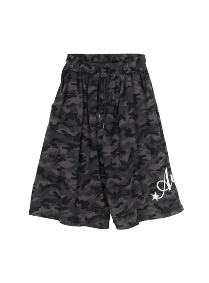Men's Camo Graphic Shorts (Dark Gray) IL509 Dark gray flat-lay front view showing elastic drawstring waist, wide-leg shape, and Angel script graphic on hem
