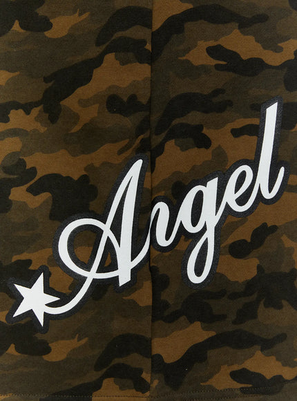 Men's Camo Graphic Shorts (Dark Green) IL509 close-up detail of embroidered 89 number patch on side pocket against dark green brown camouflage cotton fabric