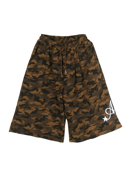 Men's Camo Graphic Shorts (Dark Green) IL509 flat-lay front view showing elastic drawstring waistband, wide-leg cut, white Angel script logo and star print on dark green camo