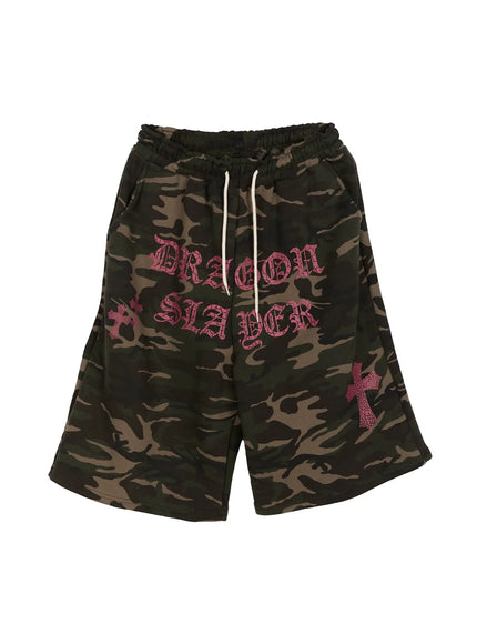 Men's Camo Graphic Sweat Shorts (Dark Green) IL514 Dark green flat-lay front showing elastic drawstring waist pink Dragon Slayer print crackle cross graphic and wide silhouette