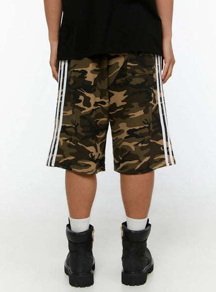 Men's Camo Graphic Sweat Shorts IL515 Beige back view on model showing clean camo fabric, white side stripes on both legs, and elastic waistband